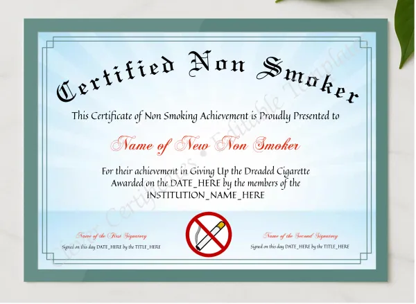 Certified Non Smoker presented in a sleek wooden frame, elegantly arranged on a stylish table.