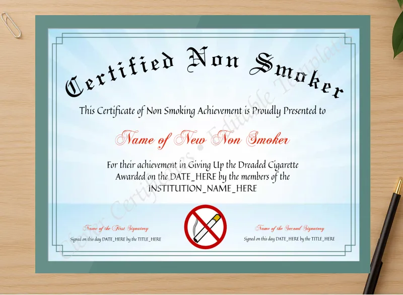 Professional preview of Certified Non Smoker certificate on high-quality stationery paper, ideal for showcasing the final look.