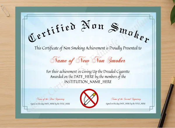 Professional preview of Certified Non Smoker certificate on high-quality stationery paper, ideal for showcasing the final look.