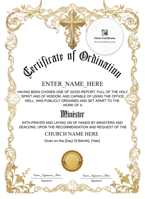 Baptist Minister Ordination Certificate Portrait — Certificate Template Preview