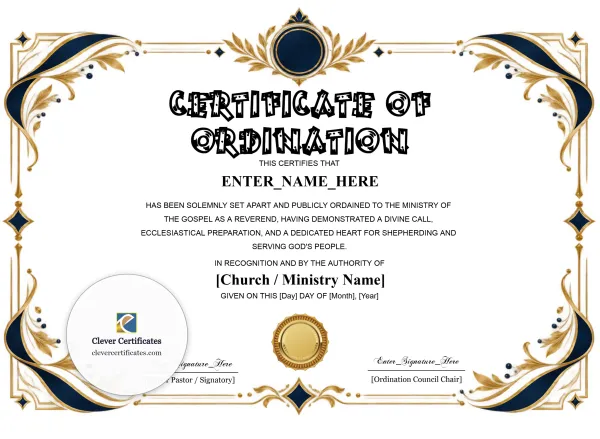 Free Reverend Ordination Certificate — Navy and Gold Landscape