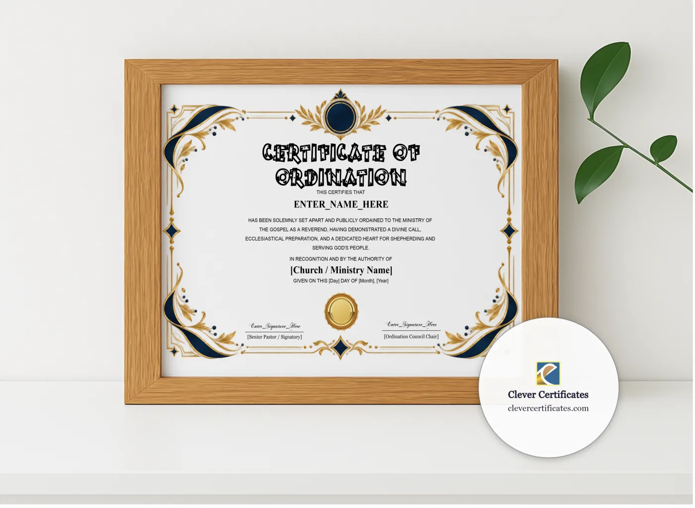 Realistic mockup featuring Reverend Ordination Certificate Classic Gold Landscape displayed within a modern frame, set against a minimalistic background.