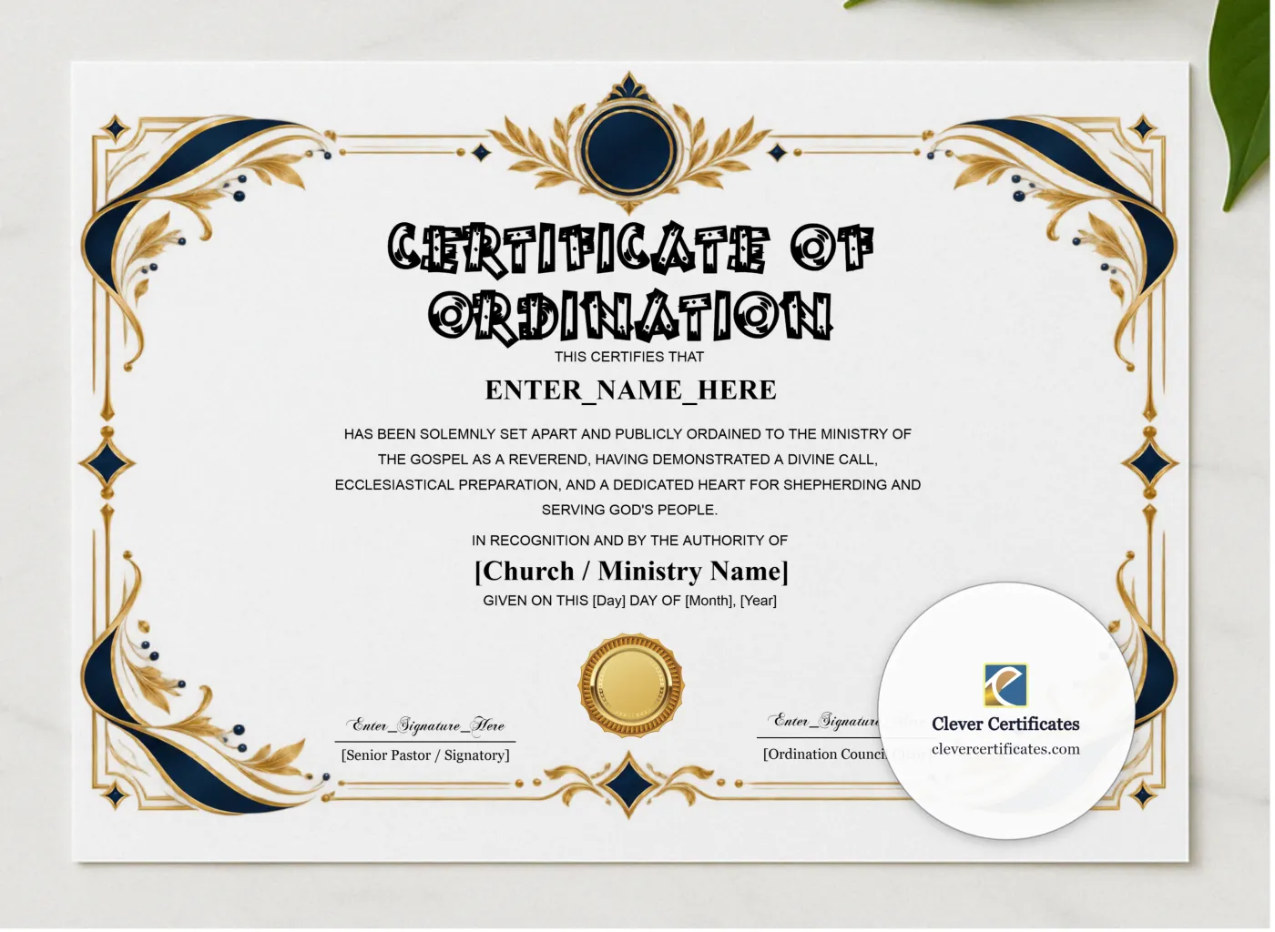 Reverend Ordination Certificate Classic Gold Landscape presented in a sleek wooden frame, elegantly arranged on a stylish table.