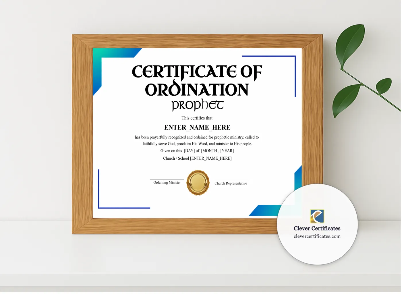 Realistic mockup featuring Prophet Ordination Certificate Classic Gold Landscape displayed within a modern frame, set against a minimalistic background.