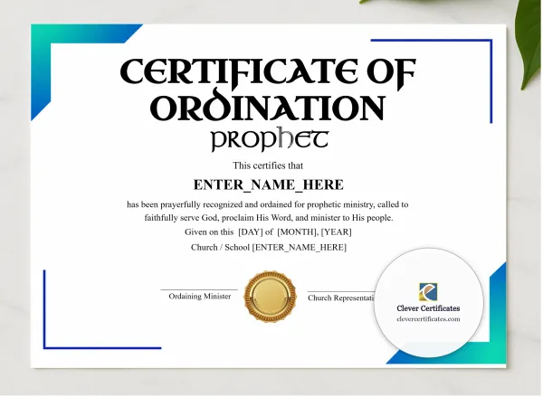 Prophet Ordination Certificate Classic Gold Landscape presented in a sleek wooden frame, elegantly arranged on a stylish table.