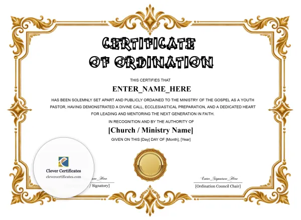 Free Youth Pastor Ordination Certificate — Gold Baroque Landscape