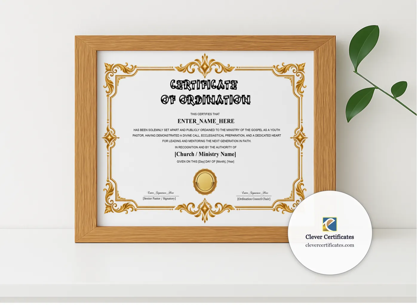 Realistic mockup featuring Youth Pastor Ordination Certificate Classic Gold Landscape displayed within a modern frame, set against a minimalistic background.
