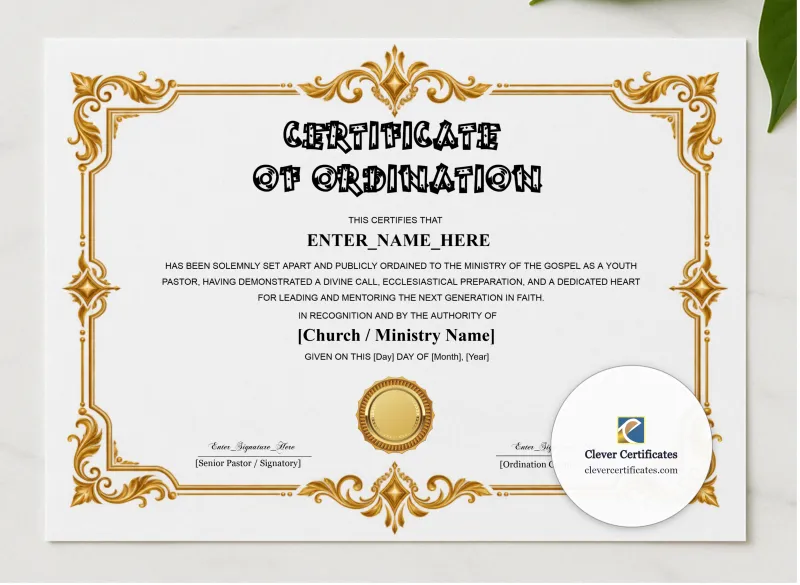 Youth Pastor Ordination Certificate Classic Gold Landscape presented in a sleek wooden frame, elegantly arranged on a stylish table.