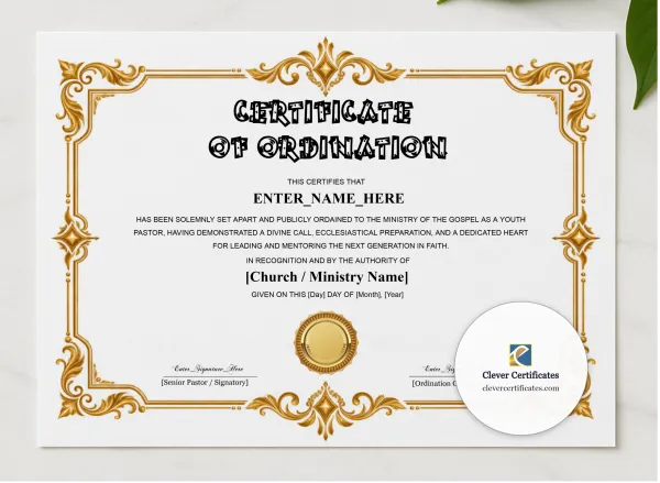 Youth Pastor Ordination Certificate Classic Gold Landscape presented in a sleek wooden frame, elegantly arranged on a stylish table.
