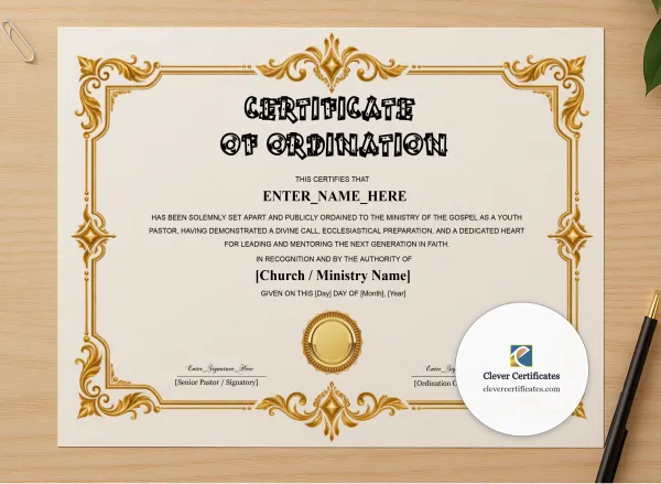 Professional preview of Youth Pastor Ordination Certificate Classic Gold Landscape certificate on high-quality stationery paper, ideal for showcasing the final look.