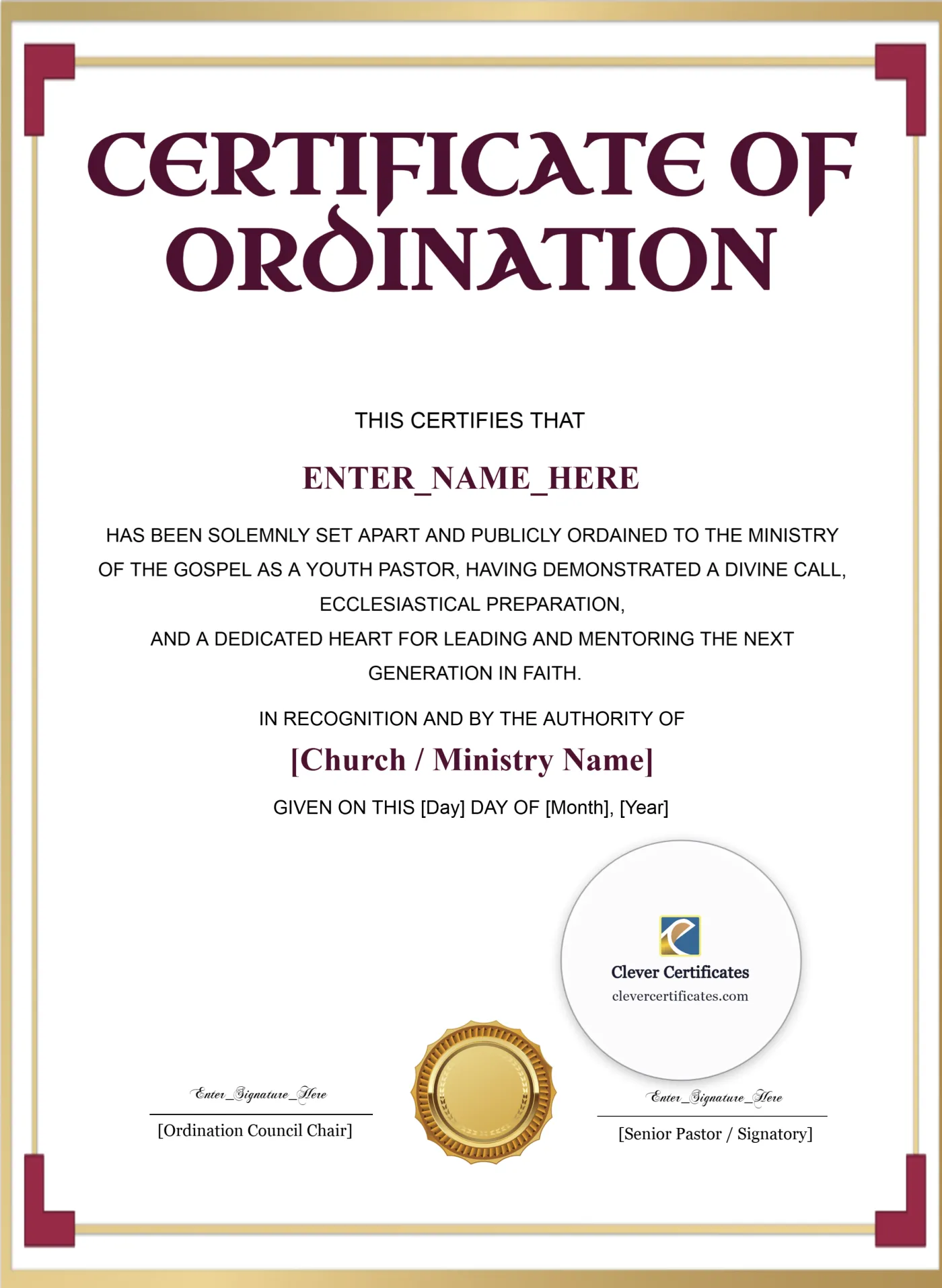 Youth Pastor Ordination Certificate Classic Gold Portrait — Certificate Template Preview