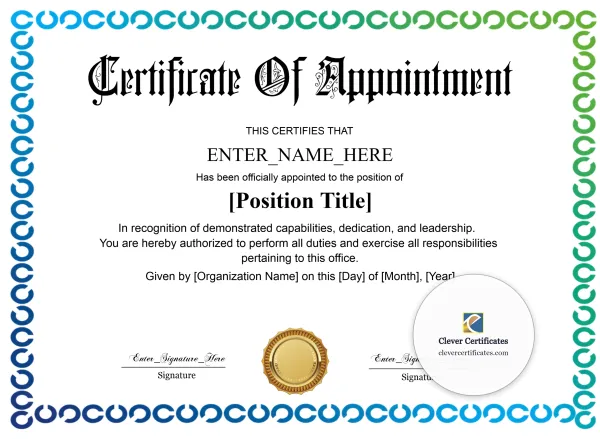 Free Certificate of Appointment — Blue Chain Border Landscape