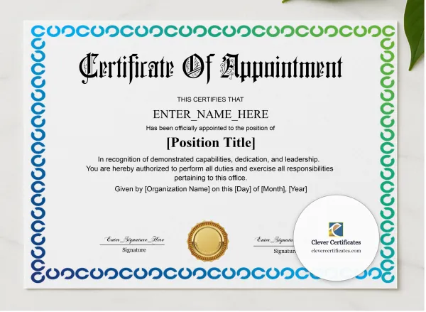 Certificate Of Appointment Classic Gold Landscape presented in a sleek wooden frame, elegantly arranged on a stylish table.