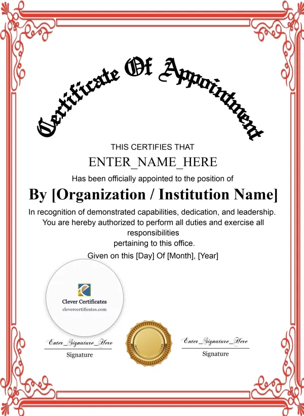 Certificate Of Appointment Classic Gold Portrait — Certificate Template Preview