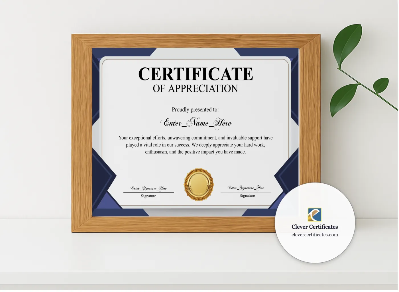 Realistic mockup featuring Certificate Of Appreciation Classic Gold Landscape displayed within a modern frame, set against a minimalistic background.