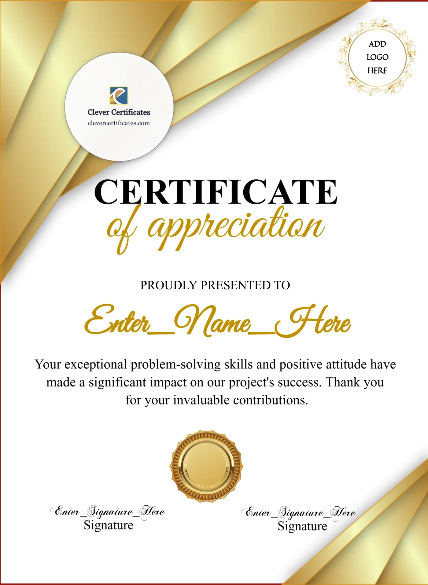 Certificate Of Appreciation Classic Gold Portrait — Certificate Template Preview
