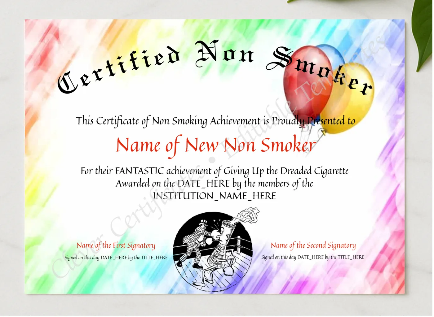 Certified Non Smoker 2 presented in a sleek wooden frame, elegantly arranged on a stylish table.