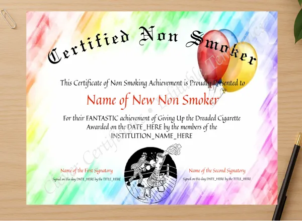 Professional preview of Certified Non Smoker 2 certificate on high-quality stationery paper, ideal for showcasing the final look.