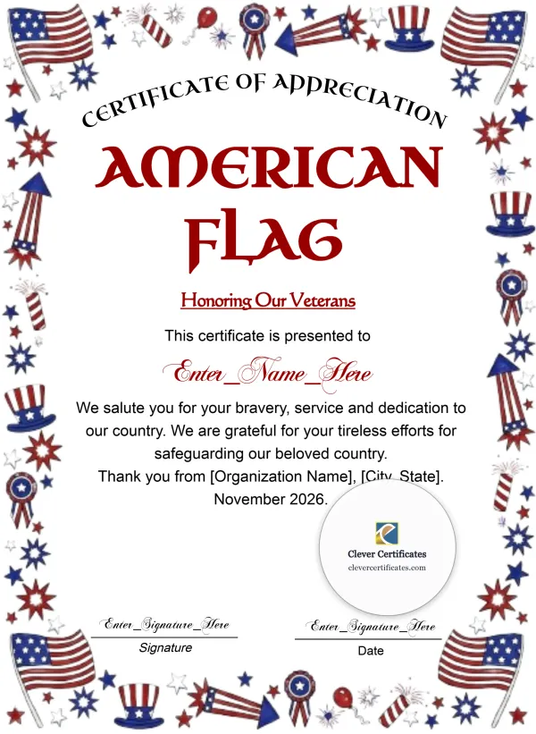 American Flag Certificate Of Appreciation Portrait — Certificate Template Preview