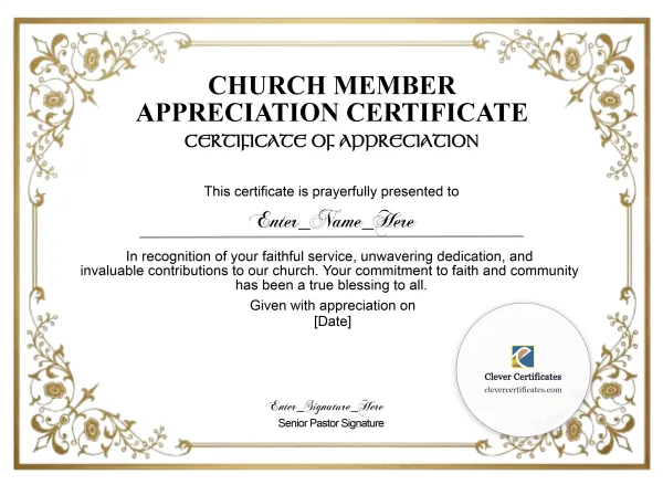 Free Church Appreciation Certificate — Classic Gold Landscape