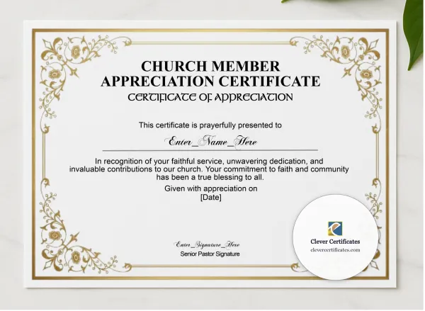 Church Appreciation Certificate Classic Gold Landscape presented in a sleek wooden frame, elegantly arranged on a stylish table.