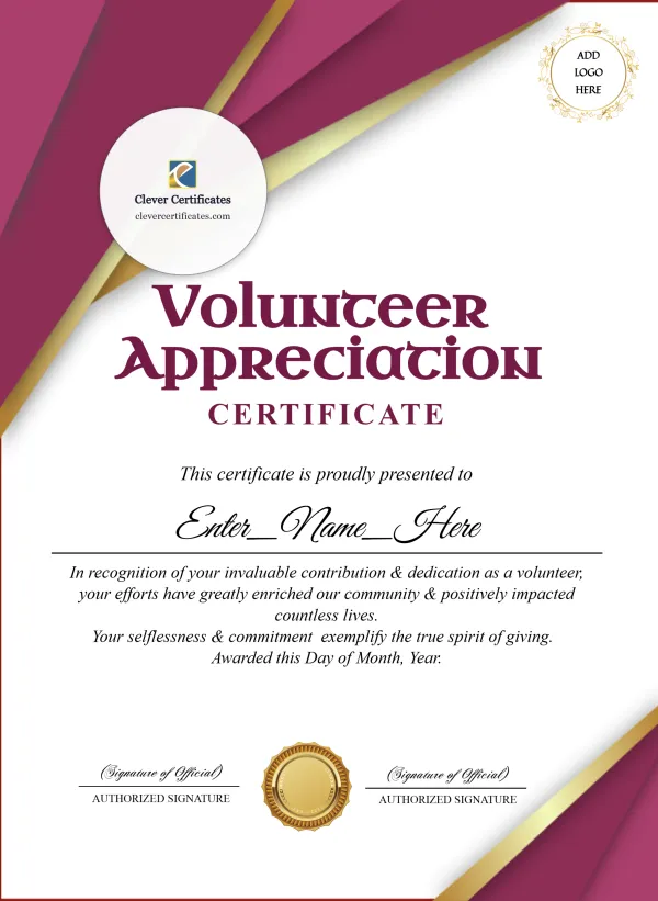 Volunteer Appreciation Certificate Portrait — Certificate Template Preview