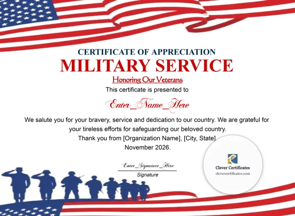 Free Veterans Day Certificate of Appreciation — Flag and Salute Landscape