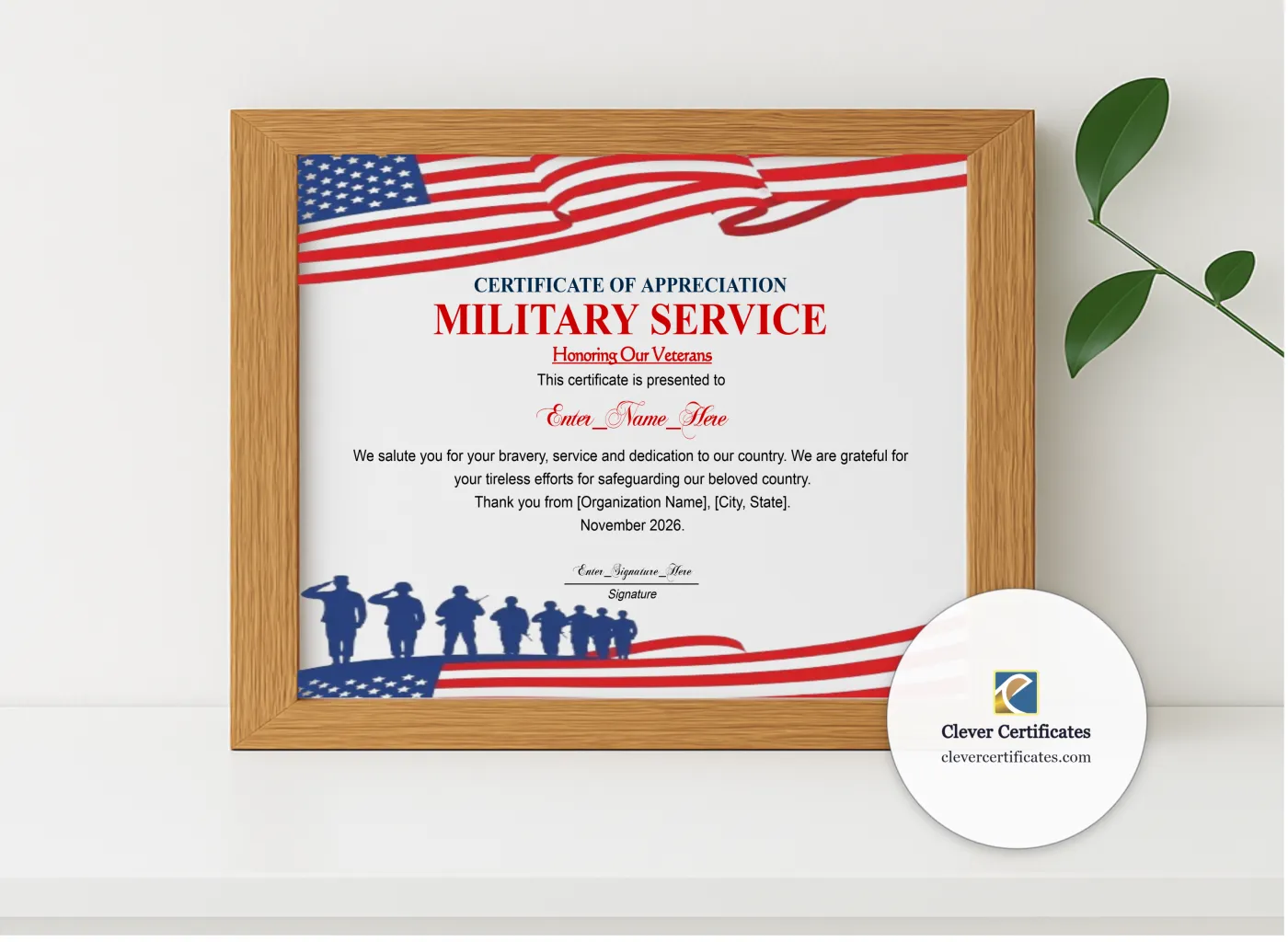 Realistic mockup featuring Veterans Day Certificate Of Appreciation Navy Gold Landscape displayed within a modern frame, set against a minimalistic background.