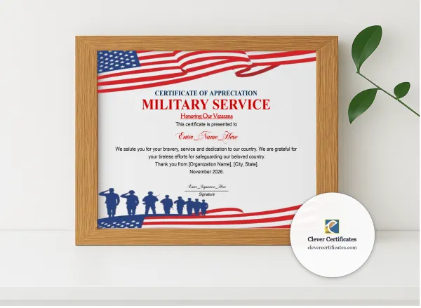 Realistic mockup featuring Veterans Day Certificate Of Appreciation Navy Gold Landscape displayed within a modern frame, set against a minimalistic background.