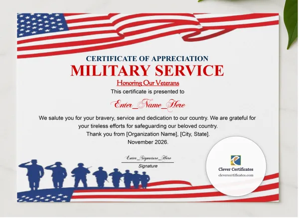 Veterans Day Certificate Of Appreciation Navy Gold Landscape presented in a sleek wooden frame, elegantly arranged on a stylish table.