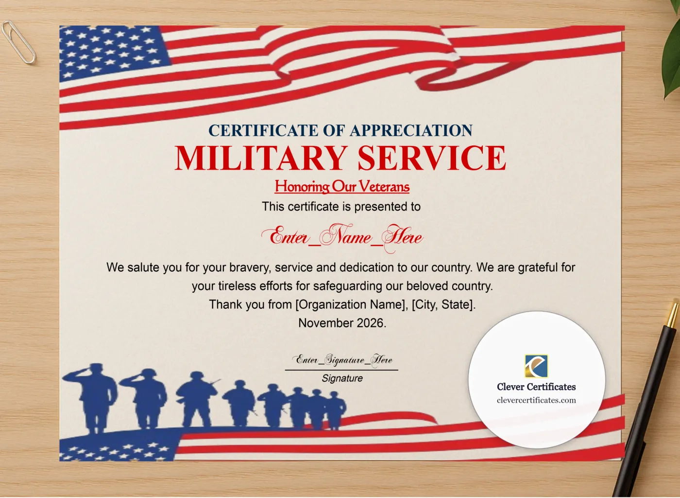 Professional preview of Veterans Day Certificate Of Appreciation Navy Gold Landscape certificate on high-quality stationery paper, ideal for showcasing the final look.