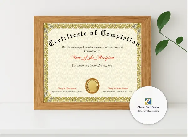 Realistic mockup featuring Certificate Of Completion Gold Shields displayed within a modern frame, set against a minimalistic background.
