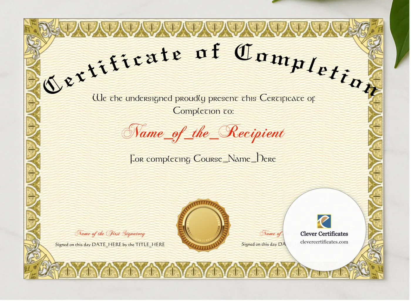Certificate Of Completion Gold Shields presented in a sleek wooden frame, elegantly arranged on a stylish table.