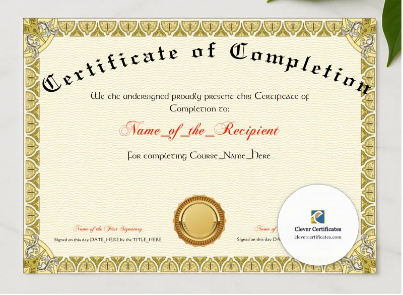 Certificate Of Completion Gold Shields presented in a sleek wooden frame, elegantly arranged on a stylish table.