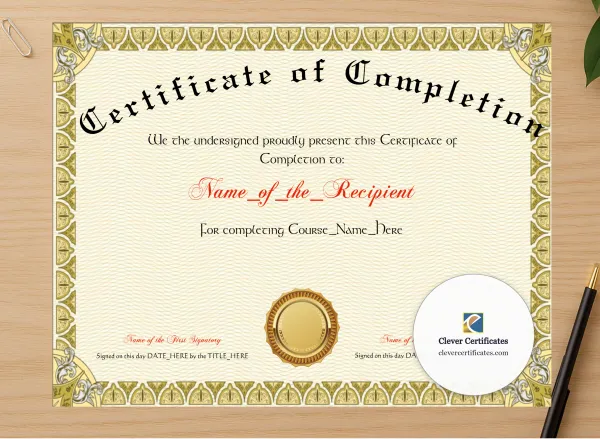 Professional preview of Certificate Of Completion Gold Shields certificate on high-quality stationery paper, ideal for showcasing the final look.