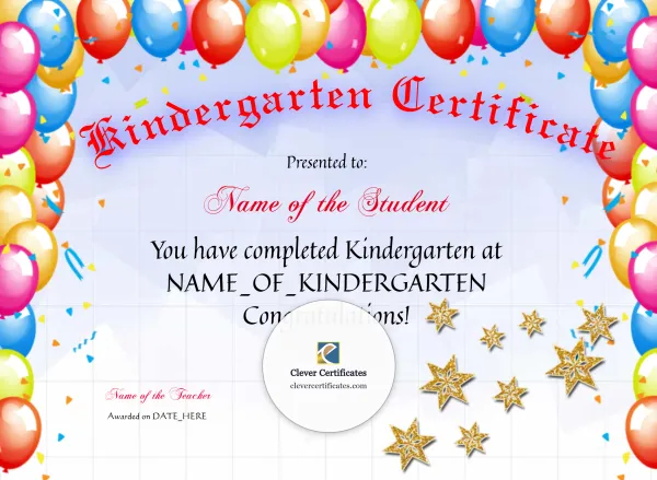 Kindergarten Certificate – Balloons and Gold Stars