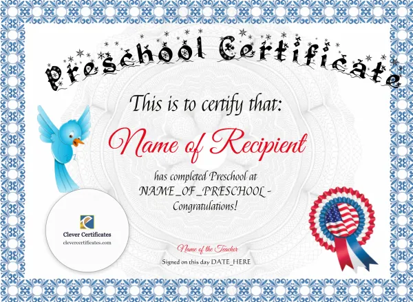 Preschool Certificate – Blue Border with Bluebird