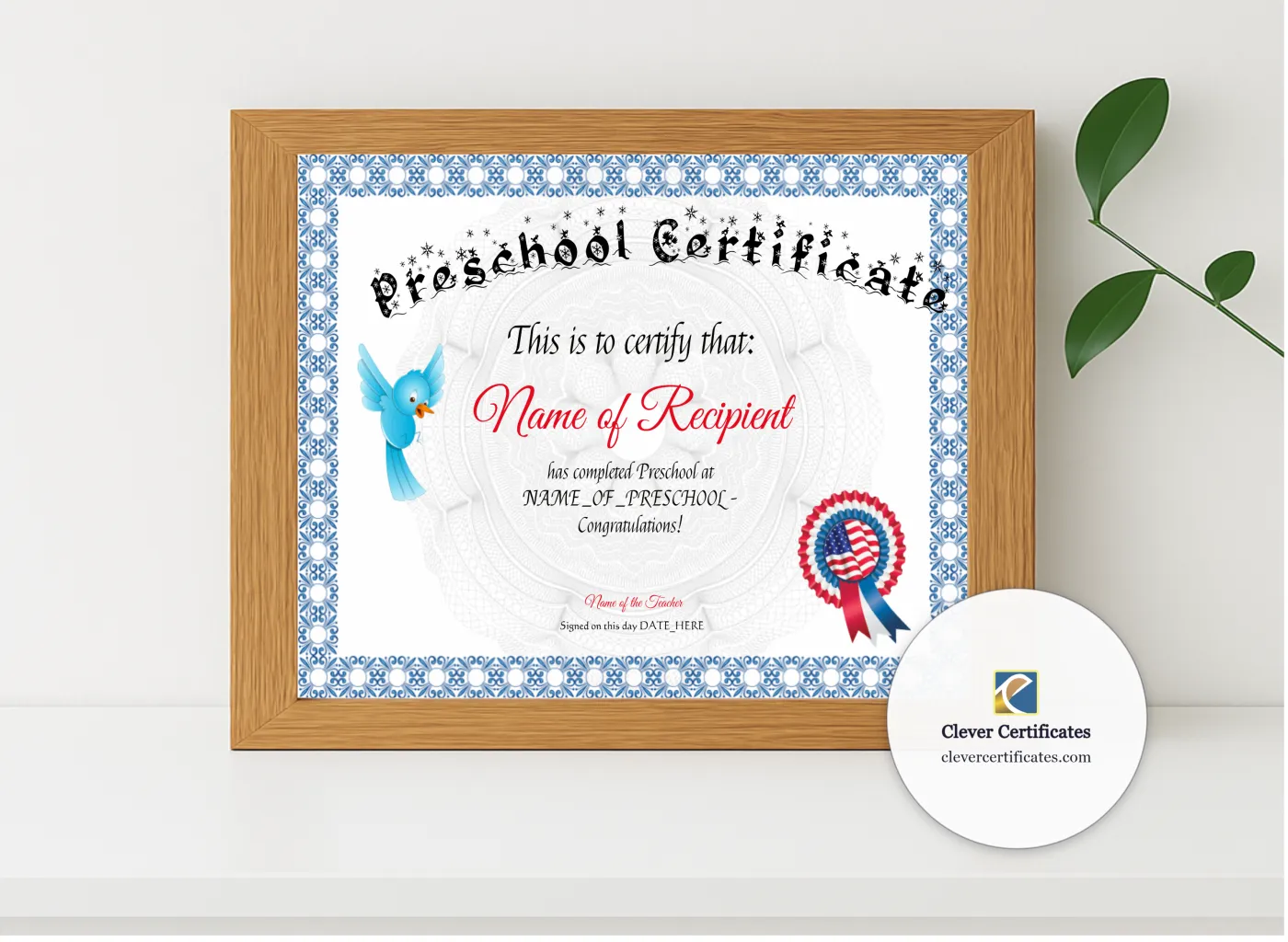 Realistic mockup featuring Preschool Bluebird Certificate displayed within a modern frame, set against a minimalistic background.
