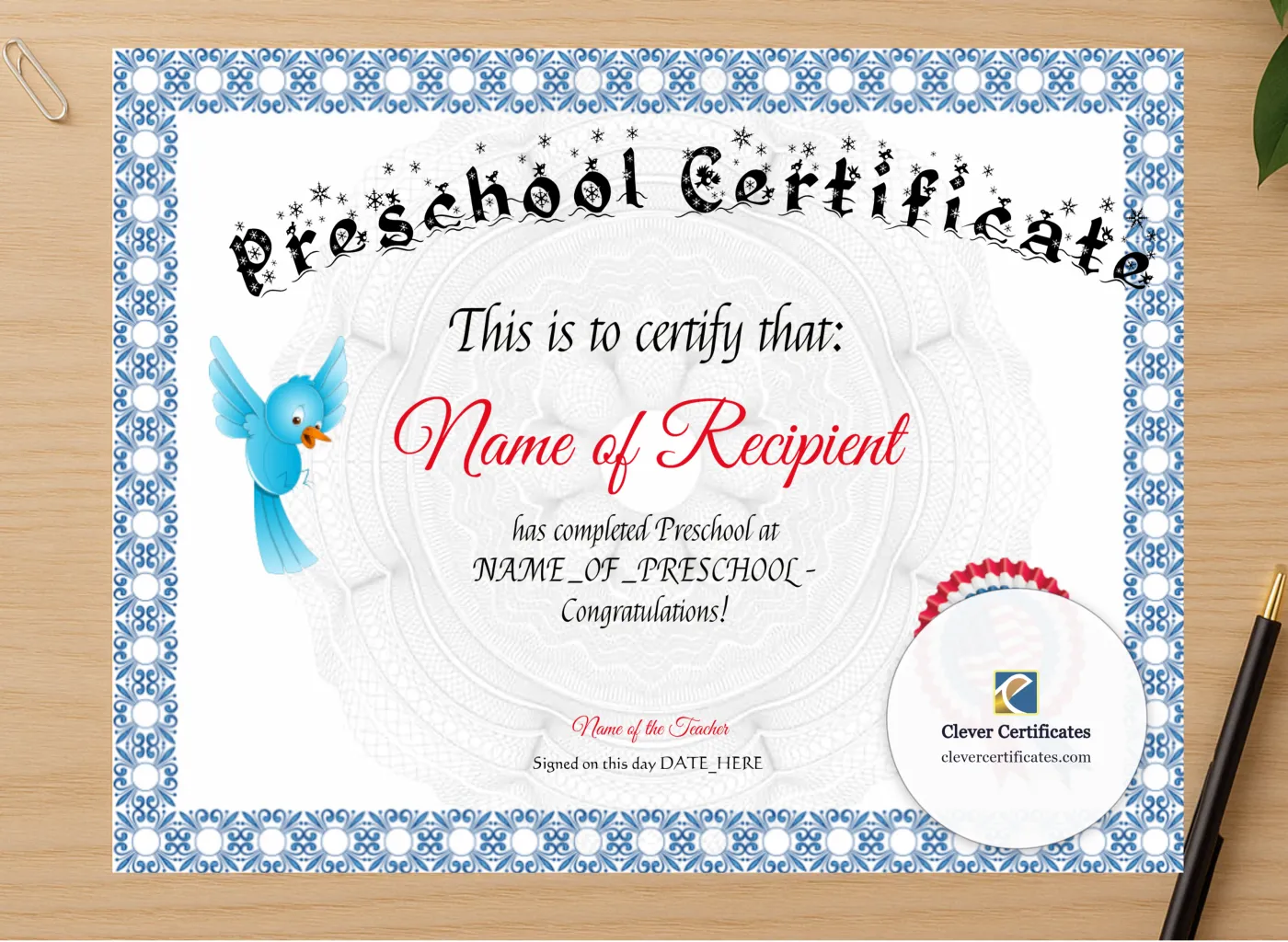 Professional preview of Preschool Bluebird Certificate certificate on high-quality stationery paper, ideal for showcasing the final look.