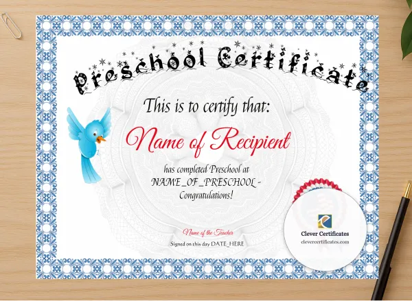 Professional preview of Preschool Bluebird Certificate certificate on high-quality stationery paper, ideal for showcasing the final look.