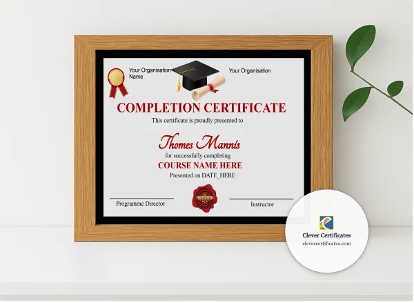 Realistic mockup featuring Editable Simple Completion Certificate displayed within a modern frame, set against a minimalistic background.