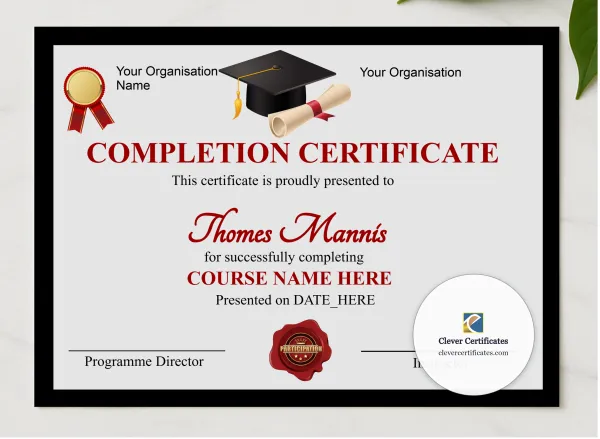 Editable Simple Completion Certificate presented in a sleek wooden frame, elegantly arranged on a stylish table.