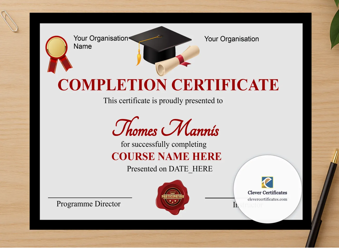 Professional preview of Editable Simple Completion Certificate certificate on high-quality stationery paper, ideal for showcasing the final look.
