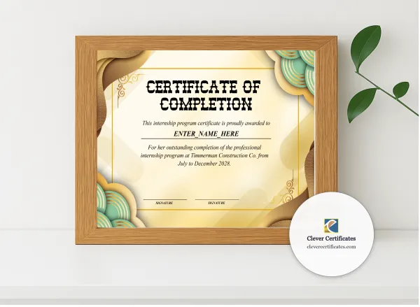 Realistic mockup featuring Professional Internship Completion Certificate displayed within a modern frame, set against a minimalistic background.