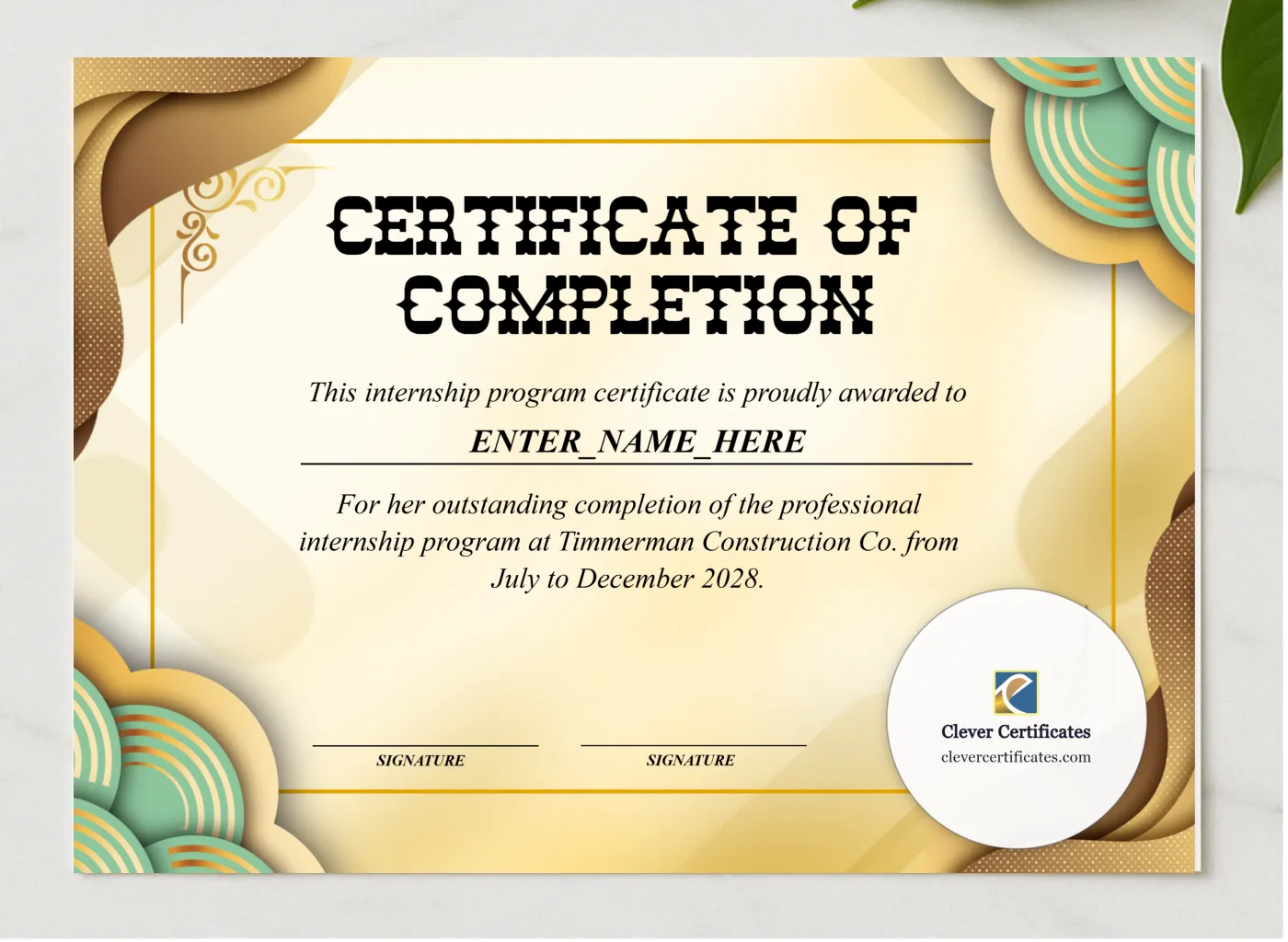 Professional Internship Completion Certificate presented in a sleek wooden frame, elegantly arranged on a stylish table.