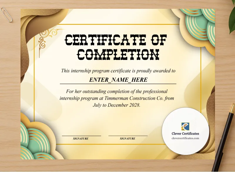 Professional preview of Professional Internship Completion Certificate certificate on high-quality stationery paper, ideal for showcasing the final look.