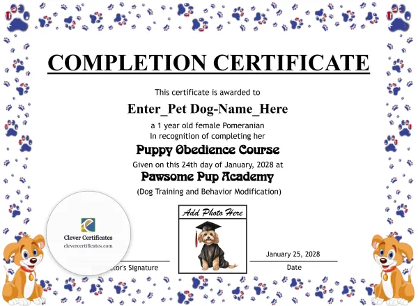 Free Dog Completion Certificate Template