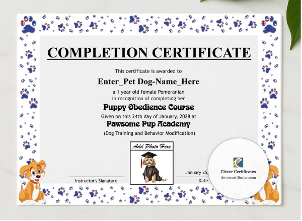 Dog Completion Certificate Landscape presented in a sleek wooden frame, elegantly arranged on a stylish table.