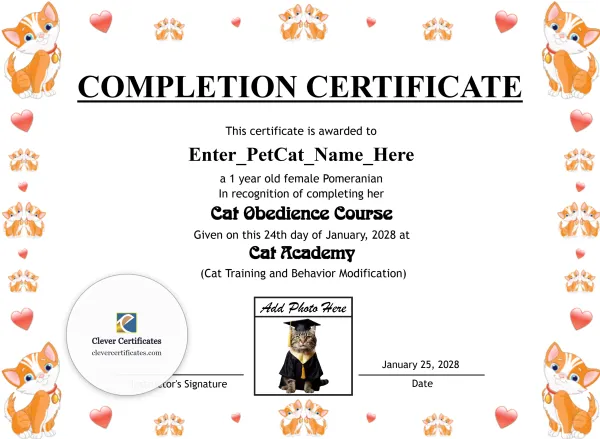 Free Cat Completion Certificate Template