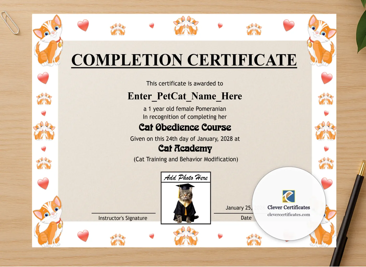 Professional preview of Cat Completion Certificate certificate on high-quality stationery paper, ideal for showcasing the final look.